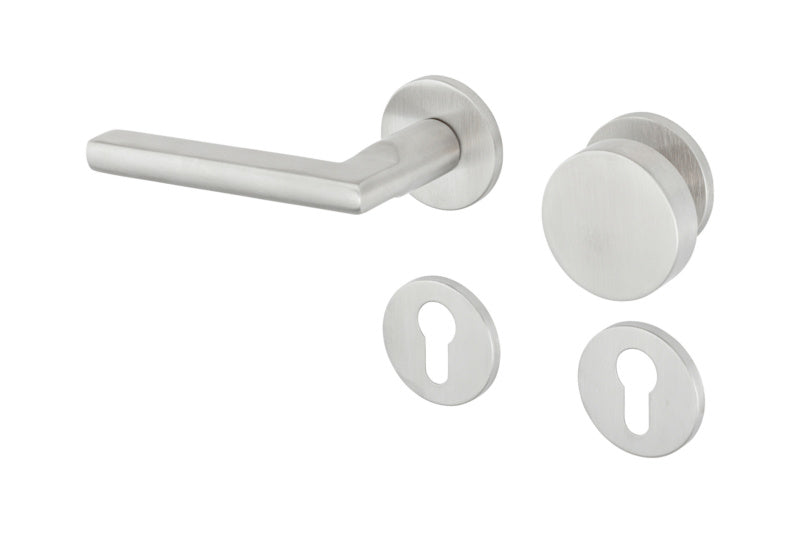 Türdrücker aus Edelstahl mit ergonomischem Griff und verstellbarer Rosette für Wohn- und Gewerbebereich.