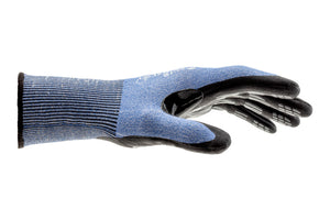 Schnittschutzhandschuh in grau mit rutschfester Handfläche und ergonomischer Passform.
