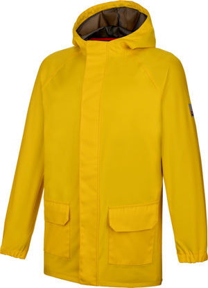 Blaue Wetterschutzjacke mit verstellbarer Kapuze und praktischen Taschen für optimalen Komfort.