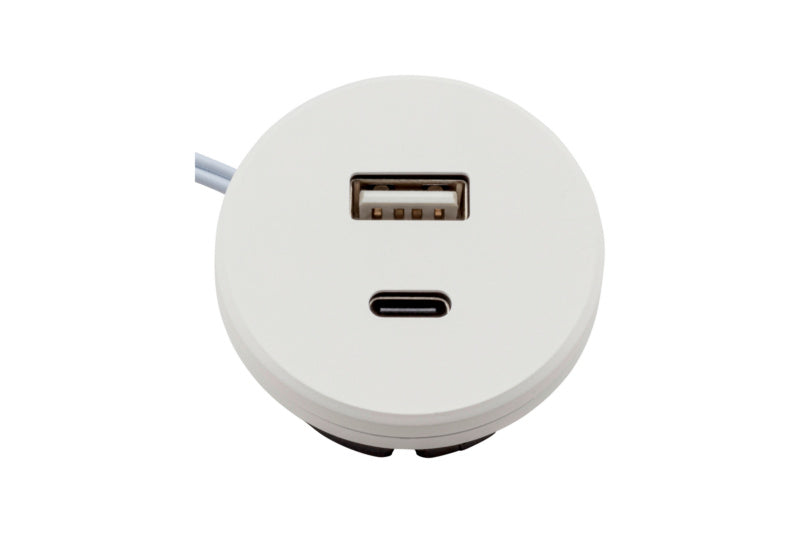 Weißer USB-Adapter mit USB-A und USB-C Anschlüssen und 24V Ausgangsspannung.