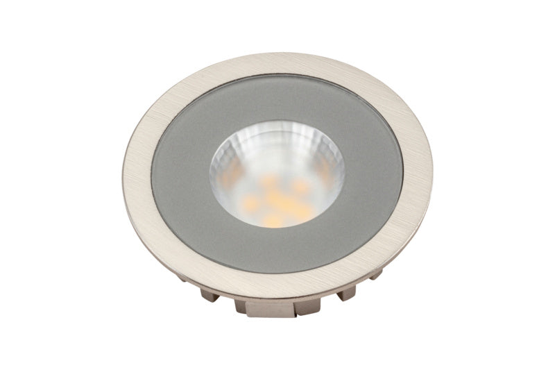 Runde LED-Einbauleuchte mit schlankem Design und warmweißem Licht für Deckenmontage.