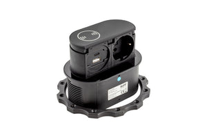 Schwarzer STEDO-TI-EST10 mit zwei USB-Anschlüssen und QI-Ladefunktion für kabelloses Laden.