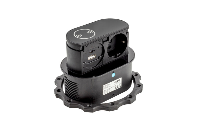 Schwarzer STEDO-TI-EST10 mit zwei USB-Anschlüssen und QI-Ladefunktion für kabelloses Laden.