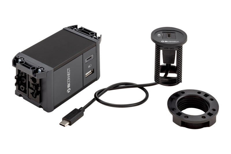 Schwarze STEDO USB-C Ladestation mit 15 Watt Leistung und robustem Gehäuse für Handwerker.