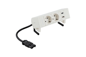 Weißes Ladegerät mit zwei USB-Anschlüssen und schlankem, robustem Design für Handwerker.