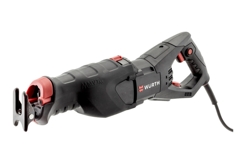 Electric reciprocating saw with a sturdy handle and a sharp blade for cutting various materials.