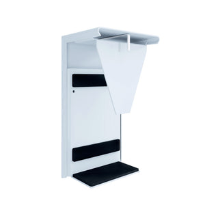 Weißes Schreibtischzubehör mit PC-Halterung und Ablagen für Ordnung und Ergonomie am Arbeitsplatz.