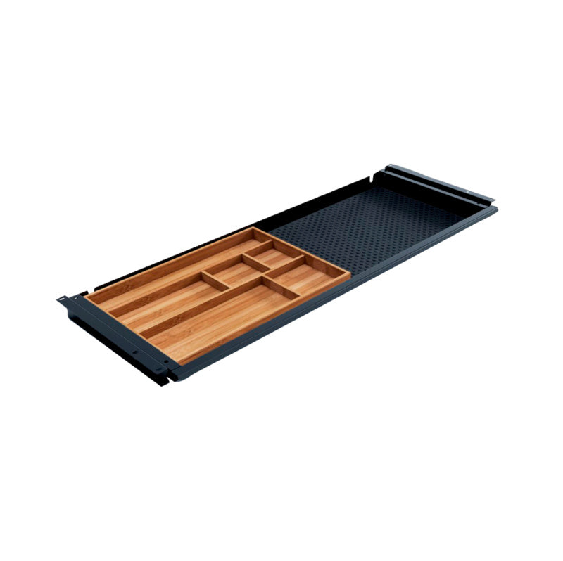 Schwarzes Schreibtischzubehör mit rutschfester Unterseite und praktischem Griff für Büroorganisation.