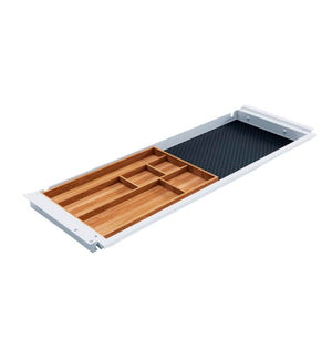 Weißes Schreibtischzubehör mit rutschfestem Griff und mehreren Ablagefächern für Bürobedarf.