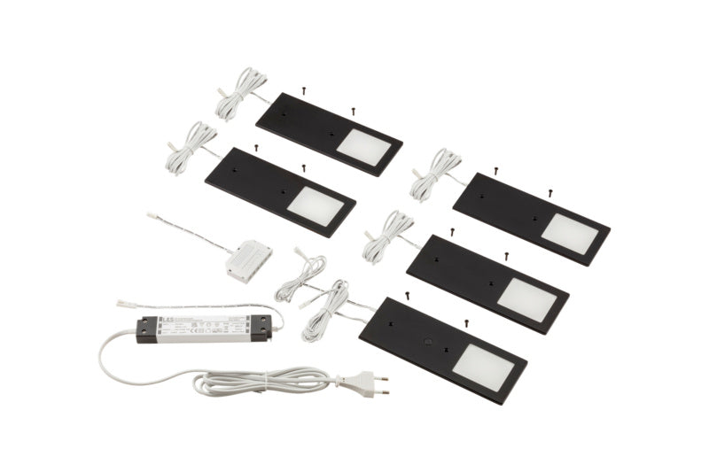 Fünfteilige schwarze LED-Leuchten mit neutralweißem Licht für vielseitige Innenraumbeleuchtung.