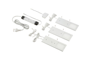 Set mit drei modernen LED-Leuchten in Aluminium mit neutralem Weißlicht für vielseitige Nutzung.