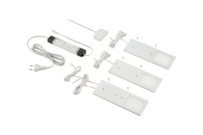 Set mit drei modernen LED-Leuchten in Aluminium mit neutralem Weißlicht für vielseitige Nutzung.
