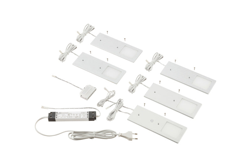 Set aus fünf modernen LED-Leuchten in Aluminium mit neutralweißem Licht und einfacher Installation.