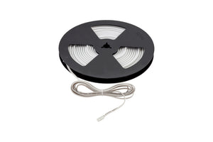 5-meter flexible LED light strip with warm white light and self-adhesive backing.