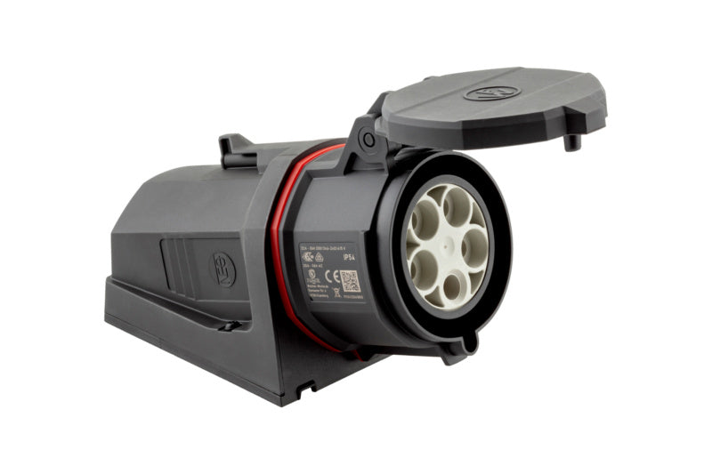 Bild der WANDDO-CEE-NEO-ROT-5PLG-32A-400V-IP54 mit fünf Polen und robustem, spritzwassergeschütztem Design.