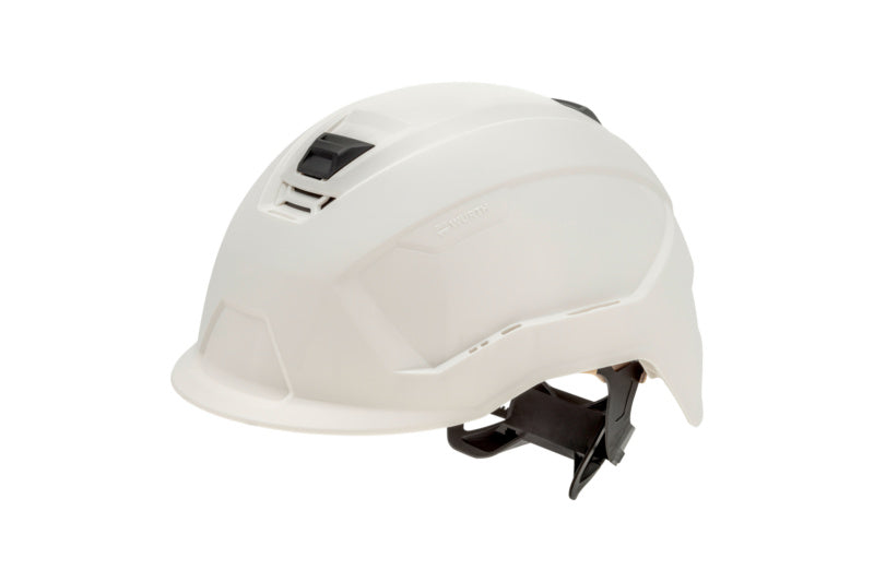 Weißer Schutzhelm SHTZHELM-SH3000 mit Belüftungssystem und verstellbarem Innenband.