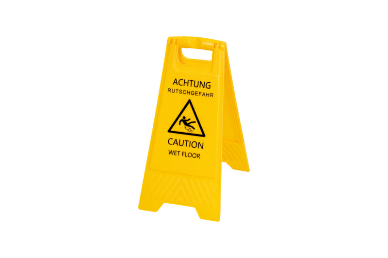 Gelbes Warnschild mit Symbol und Text "Achtung Rutschgefahr" auf einem stabilen Aufsteller.