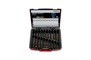 Set of 62 high-performance spiral metal drills in a sturdy storage case.