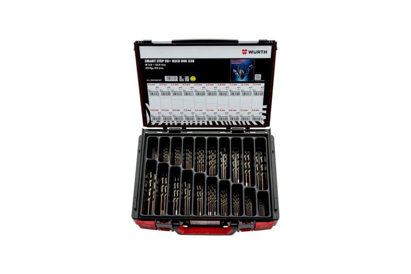 Set of 62 high-performance spiral metal drills in a sturdy storage case.