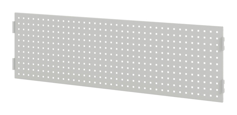 Robuste Aufbauelement-Werkbank in Lichtgrau mit großzügiger Arbeitsfläche und Stauraum.