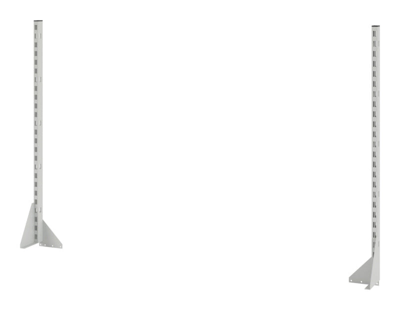 Graue Aufbauelement-Werkbank mit großer Arbeitsfläche und integrierten Ablagen in RAL7035.