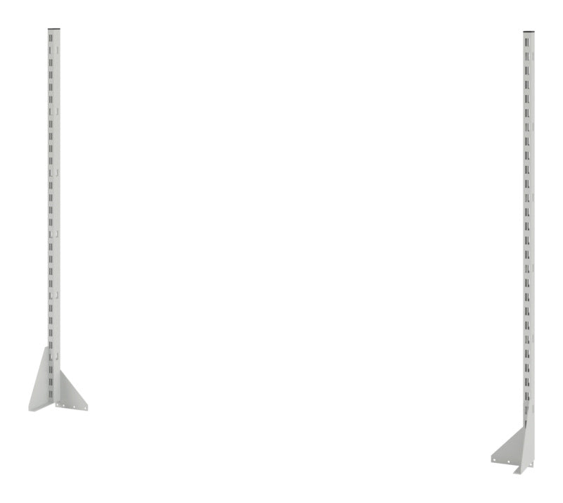 Werkbank in RAL7035 mit großzügigen Arbeitsflächen und integrierten Ablageflächen.