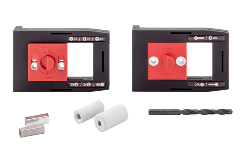 Bohrlehre für Türdrücker mit D7,5 mm Einstellung und Führungsschienen in kompakter Verpackung.