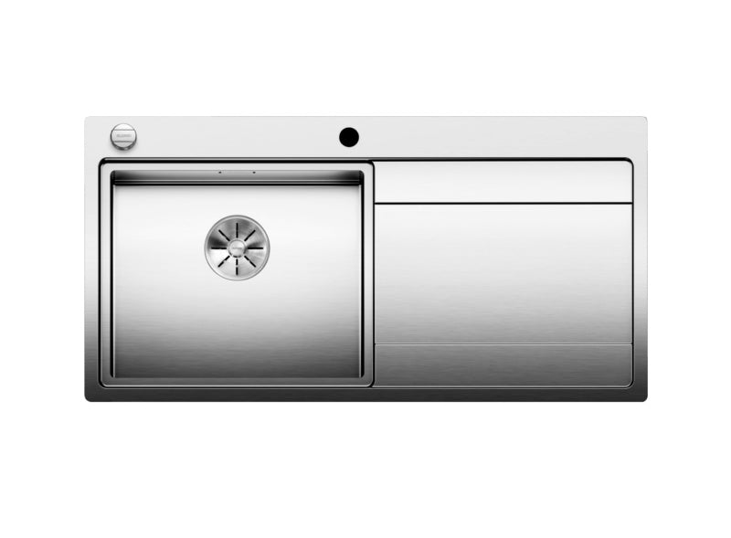 Edelstahl-Küchenspüle mit seidenglänzender Oberfläche und linksschwenkbarer Konstruktion.