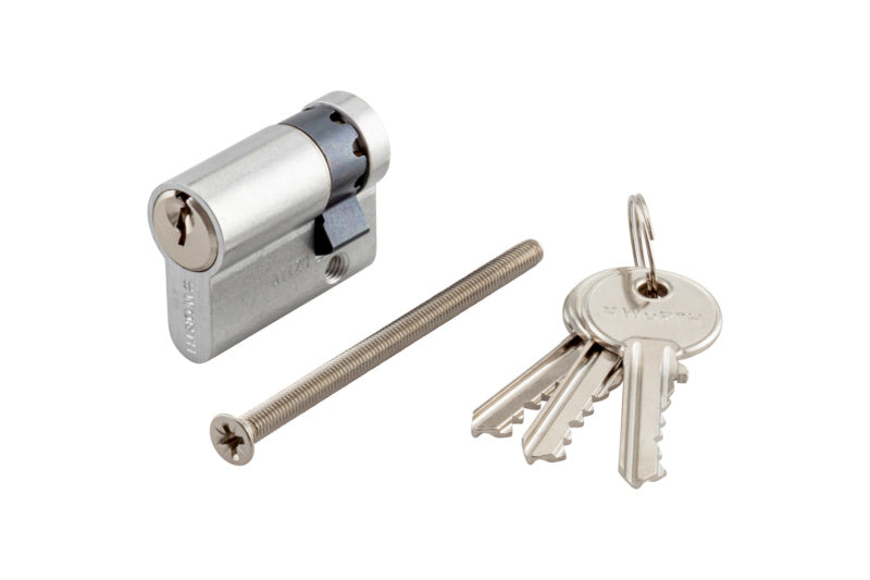 Profilzylinder mit 5-Stiftsystem, Nickeloptik, 30 mm lang und 10 mm Durchmesser.