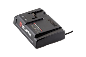 Kompaktes Ladegerät für Akku-Maschinen mit LED-Anzeige und USB-Anschluss in schwarzem Gehäuse.