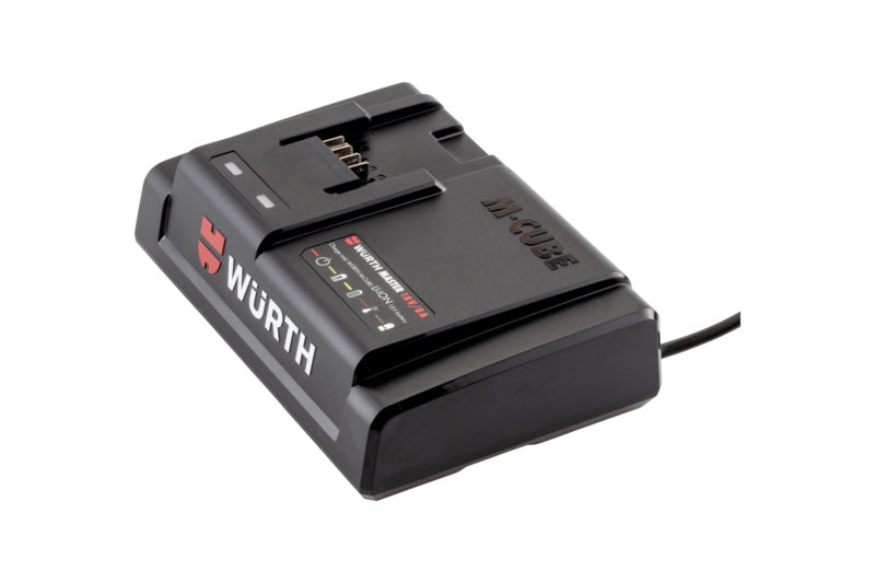 Kompaktes Ladegerät für Akku-Maschinen mit LED-Anzeige und USB-Anschluss in schwarzem Gehäuse.