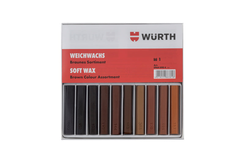 Retuschierwachs-Set mit verschiedenen Farben zur Reparatur und Farbkorrektur von Oberflächen.