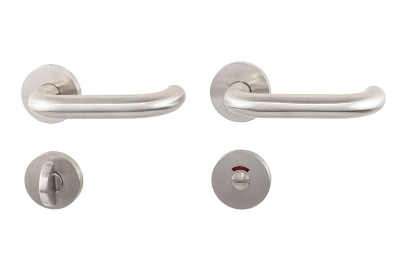 Mattierter Edelstahl-Türdrücker für WC mit Links- und Rechtsanschlag, ergonomisch und robust.