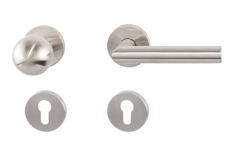 Mattierter Edelstahl-Türdrücker für Brandschutz- und Paniktüren, Modell TD-A2-A605/FS-WE-ROS-PZ-R