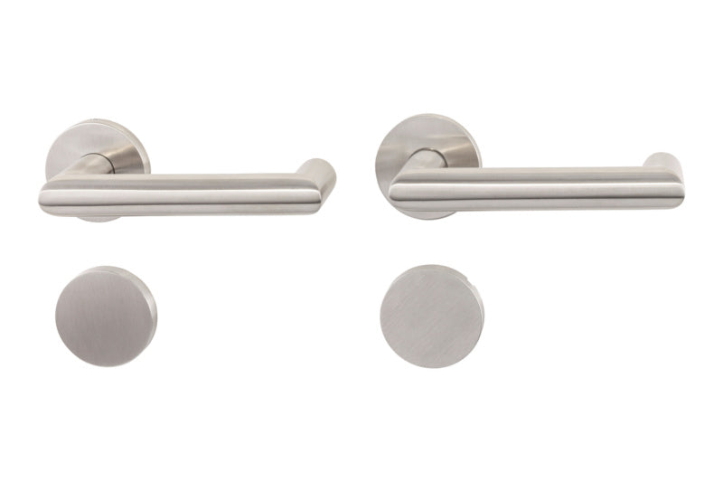 Edelstahl-Türdrücker mit mattem Finish, geeignet für Brandschutz- und Paniktüren.