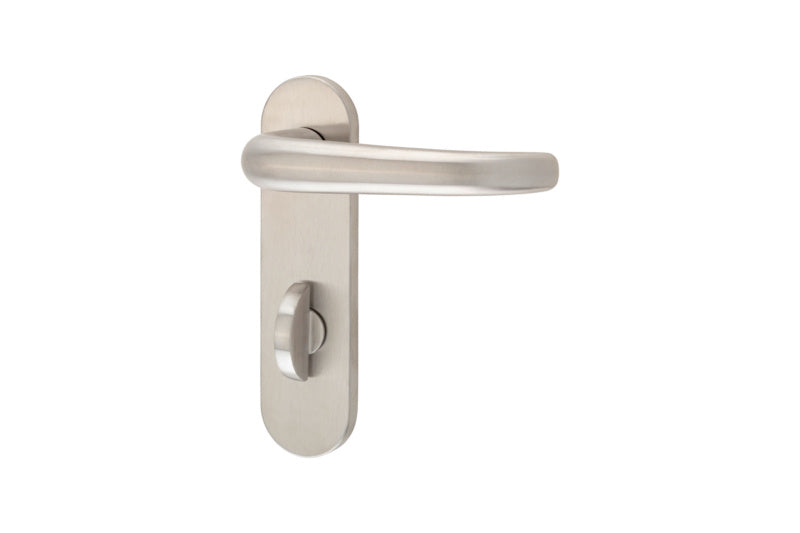 Edelstahl-Türdrücker mit ergonomischer Form und matter Oberfläche für WC-Anwendungen.