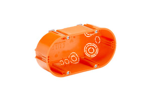 Zehn weiße doppelte Unterputz-Gehäuse mit VDE-Zertifizierung, 47 mm hoch, 68 mm Durchmesser.