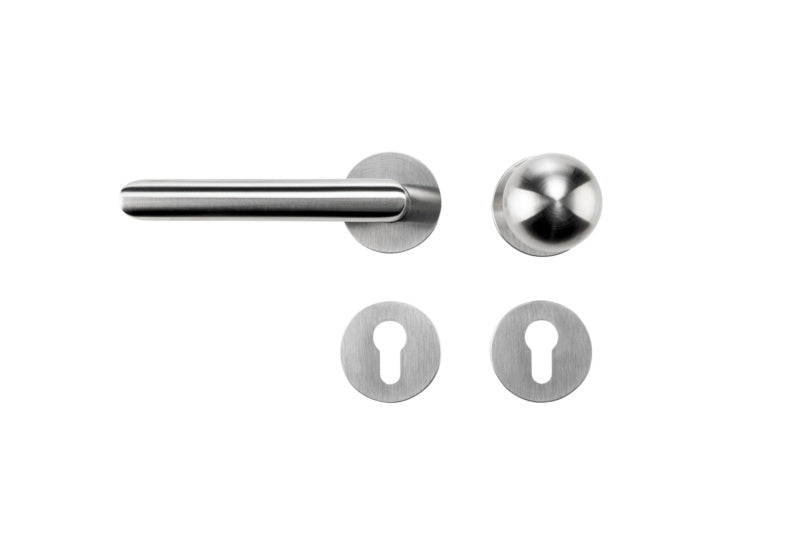 Edelstahl-Türdrücker mit mattem Finish, geeignet für Türen von 30 bis 50 mm Stärke.