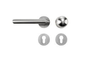 Edelstahl-Türdrücker mit matter Oberfläche, ergonomischer Form für Brandschutz- und Paniktüren.