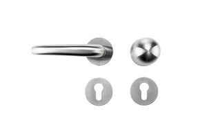 Edelstahl-Türdrücker mit mattem Finish, geeignet für Brandschutz- und Paniktüren.