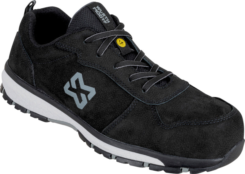 Schwarzer Sicherheitshalbschuh S3 aus Nubukleder mit rutschfester Sohle und verstärkter Zehenkappe.