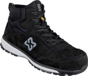 Schwarze Sicherheitsstiefel aus Nubukleder mit rutschfester Gummisohle und Stahlkappe.