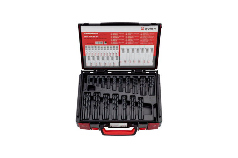Set von Spiralbohrern aus Hochgeschwindigkeitsstahl für Metallbearbeitung in stabilem Koffer.