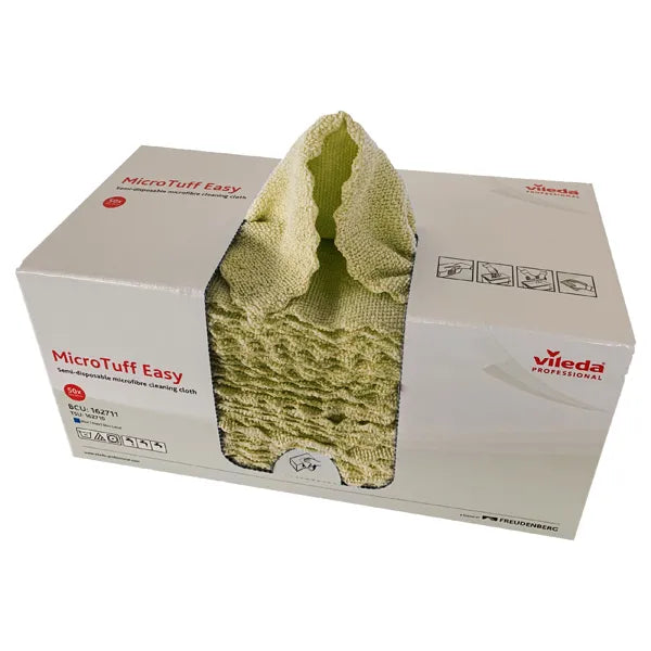 Eine Spenderbox mit gelben MicroTuff Easy Reinigungstüchern.