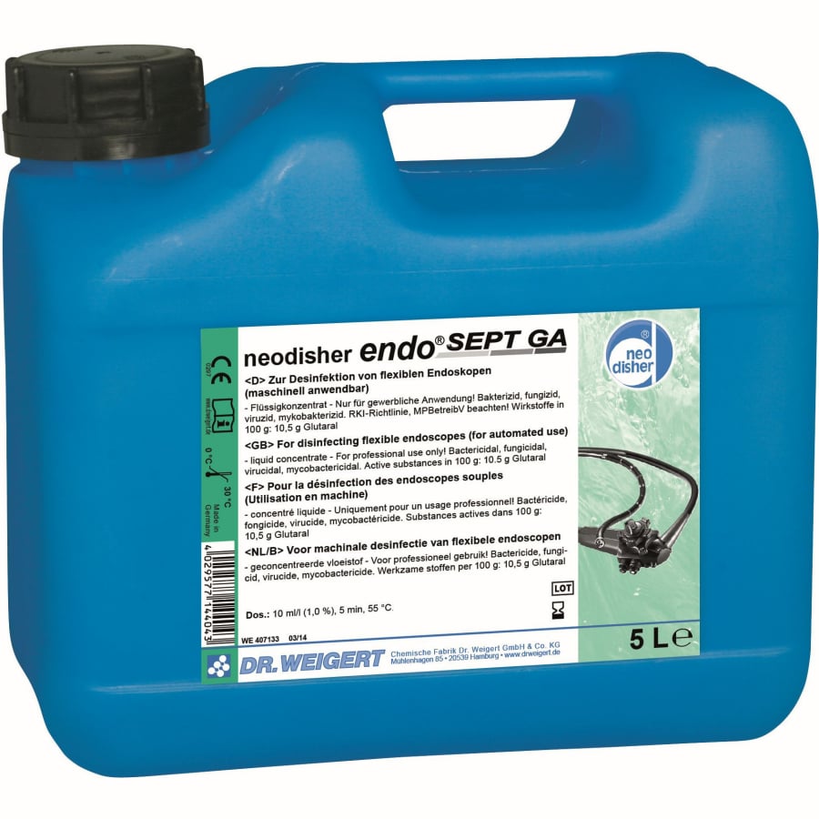 5L canister of Neodisher endo Sept GA cleaner and disinfectant for medical instruments.