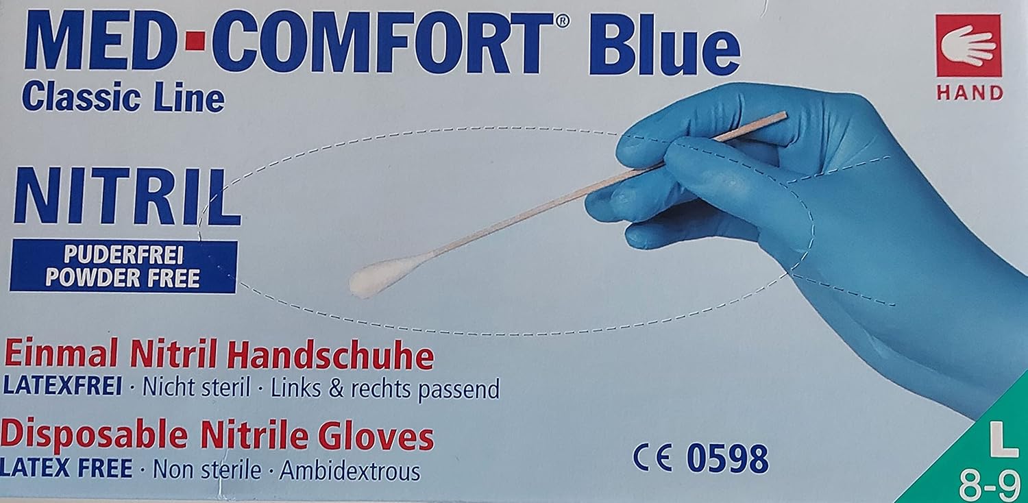 Med-Comfort Blue Nitrile Examination Gloves, Powder-Free, Blue, Non-Sterile, Size L, 100 pcs/box