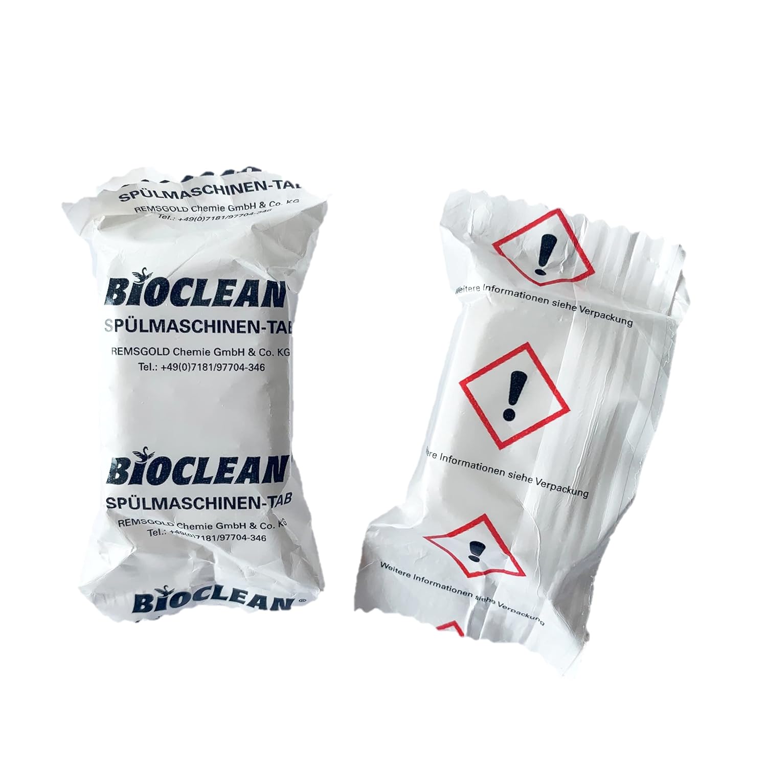 Zwei Packungen Bioclean Spülmaschinen-Tabs mit Warnsymbolen.