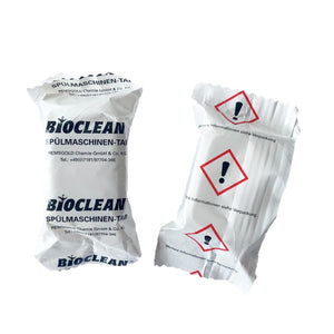 Zwei Packungen Bioclean Spülmaschinen-Tabs mit Warnsymbolen.