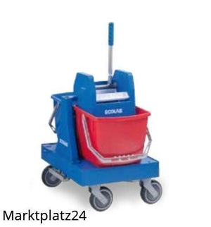 Blauer Ecolab Doppelfahreimer mit rotem Eimer und Rollen.