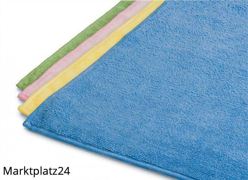 Vier Mikrofaser-Reinigungstücher in Blau, Gelb, Rosa und Grün.